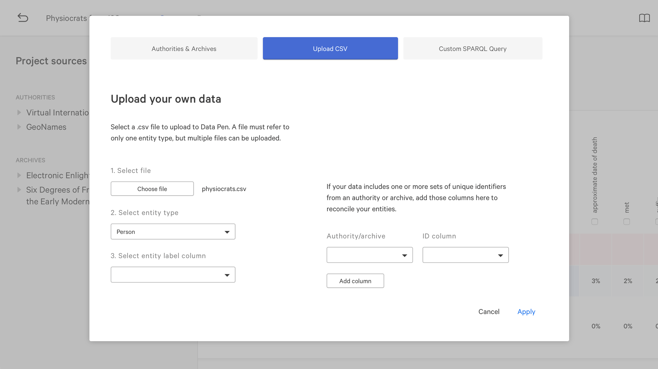 Interface to upload your own data.