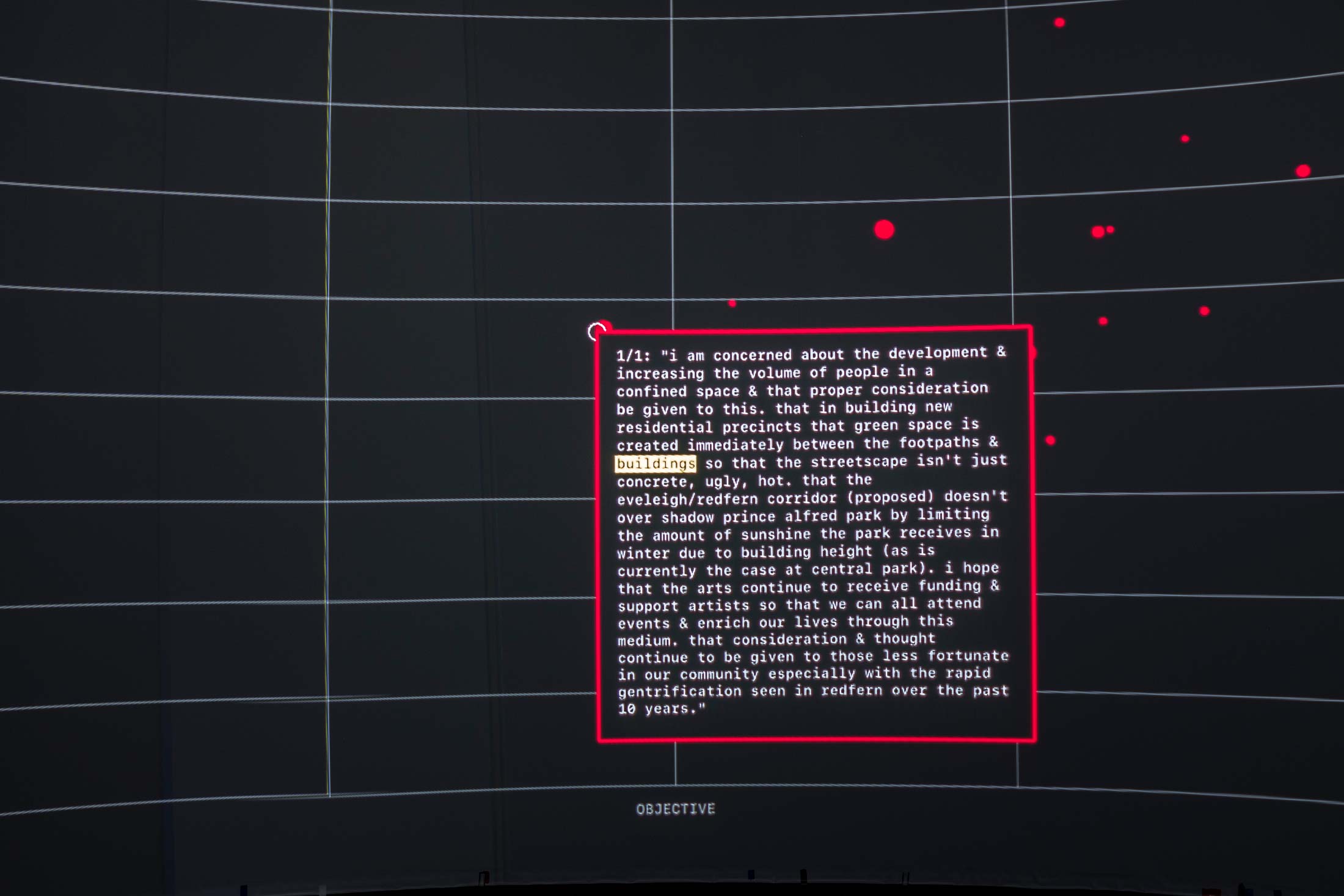 A single response from Redfern with several other dots visible.